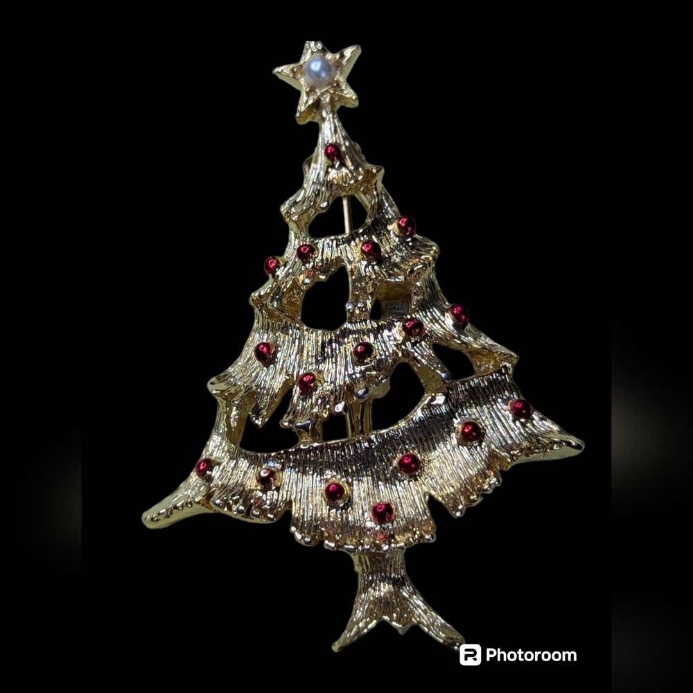 Gerrys Christmas Tree Brooch Pin Gold Tone Red Enamel Balls Vintage Holi